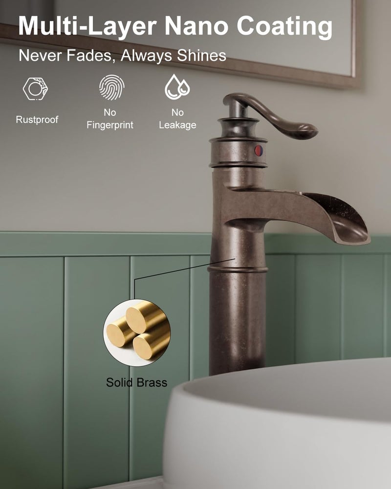 BWE Vessel Sink Faucet Waterfall Antique Copper Single Hole with Pop Up Drain Stopper Without Overflow and Supply Lines One Handle Vanity Basin Bath Sink Mixer Tap - Image 5